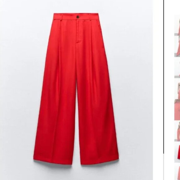 NWT ZARA FLOWY PLEATED PANTS BRIGHT RED - Picture 6 of 8